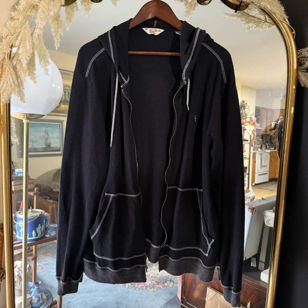 Original Penguin Black and Grey Zip Up Waffle Knit Lightweight Jacket